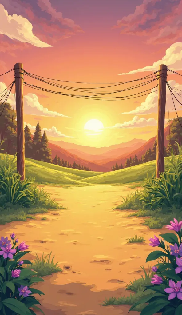 "A vibrant, cartoon-style outdoor scene set during sunset with a warm orange and yellow sky. The scene features two sturdy wooden poles on each side, connected by multiple horizontal ropes, with no t-shirts or items hanging. The ground area is significantl...