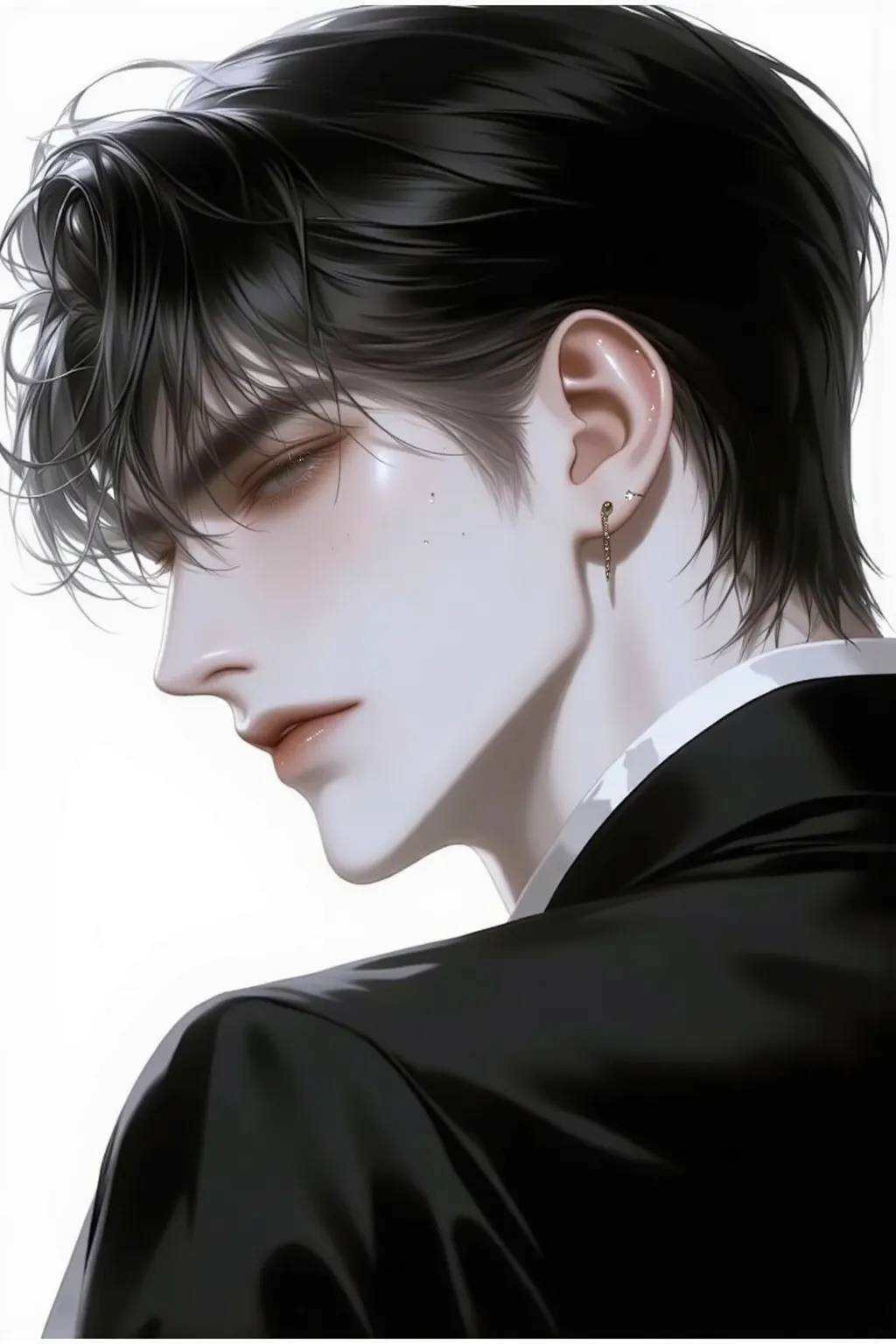 black hair, ( right-facing face )  Sun-exposed hair,  looking at viewear-shaped , Anime boy, phwamen ,  black suit, oblique gaze, cool face, black eye, 30s, man, Skin-tone lips,  small earrings 