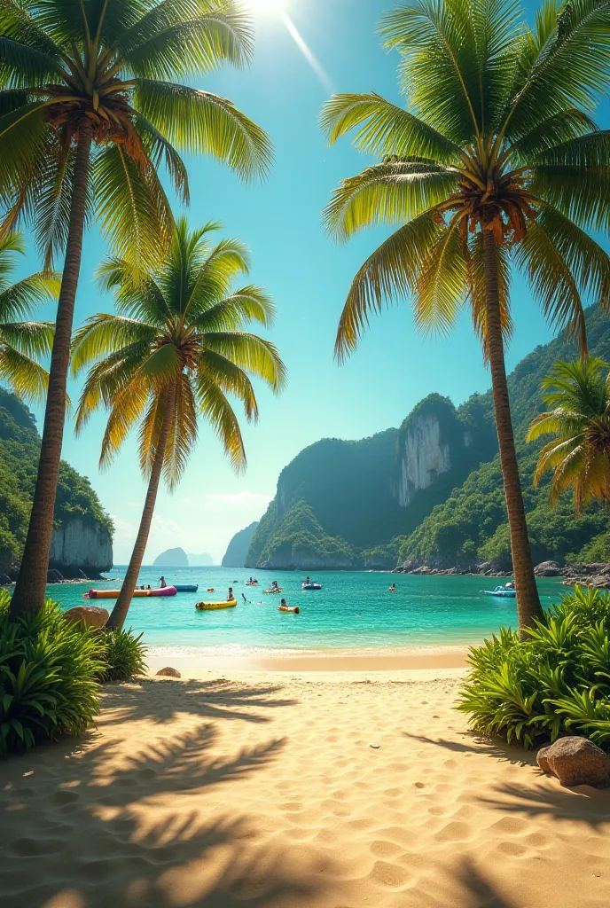 This is a wonderful natural picture of a tropical beach surrounded by tall palm trees that cast a shadow on the soft golden sand in the foreground. Several palm trees appear high with their green leaves that swaying with the breeze. In the background, the ...