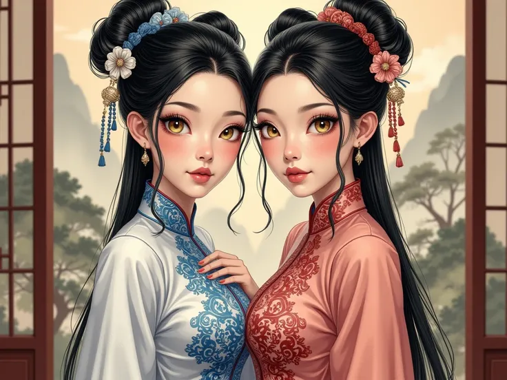 Detailed proportions and textures and multi-color with airbrushed brush strokes that presents a semi-realistic illustration in Chinese ink a gemini twins (full and slender body, with shy pose, playful look, bright yellow-gold eyes, defined eyebrows, long e...