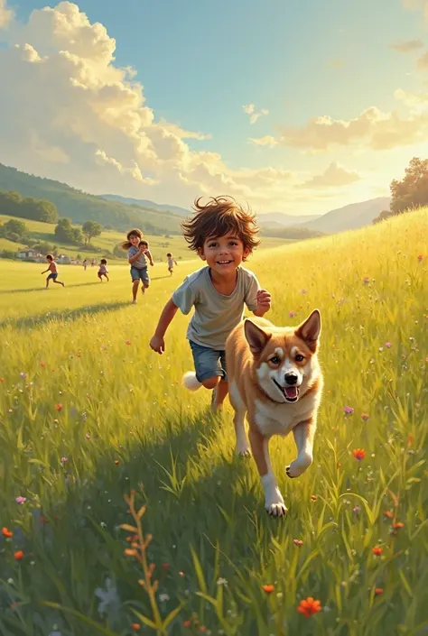 A boy is playing with his dog in a field and some boyes ar running in ta fild