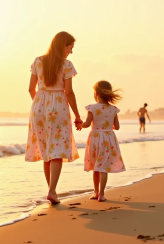 A mother and daughter, dressed in matching flowy dresses, enjoy a joyful day at the beach. Holding hands, they walk along the shore, laughing as the ocean breeze plays with their hair. The  excitedly draws a heart in the sand, and her mother helps her writ...