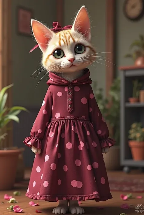 Realistic image style with. 3D format Maykun cat in a burgundy nylon dress with pink polka dots 
