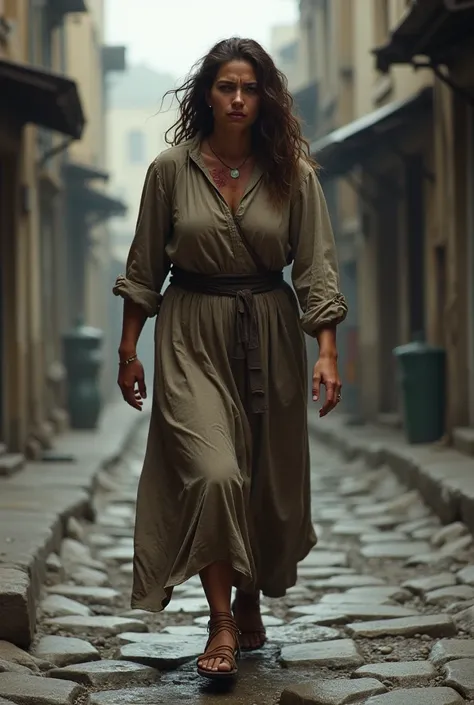 Woman with wavy brown hair disheveled, her body physiognomy, robusta y y fills in, neither too skinny nor too fat, is walking on a street made of stones that cause minor injuries to her feet, Delcasa, wears a long and worn dress she is tired and her face s...