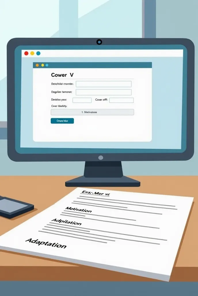 En mode cartoon "An office desk with a computer displaying a job application form. On the desk, there is a neatly arranged CV and a cover letter. The CV has some highlighted keywords related to a job offer, and the cover letter is partially visible with th...