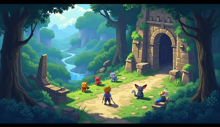 Imagine a Pokémon game with a vibrant cel-shaded art style, inspired by The Legend of Zelda: Breath of the Wild, but with isometric action RPG gameplay similar to Diablo. The setting is a vast open world filled with dense forests, ancient ruins, and dark c...