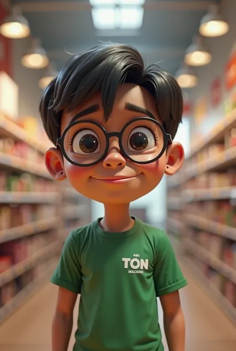 Create a 3D Pixar POST capturing a background scene of retail stores. A 45 year old adult, dark skinned, straight hair, short, black with hairstyle to the side, wearing round glasses and a green short-sleeved shirt with the brand of the machine company TON...