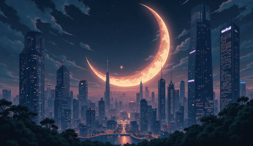 
Let's create an image of a city in a night anime that has a long moon, so it's too small to make it cool and romantic with no need to draw people and have modern high-rise buildings. 