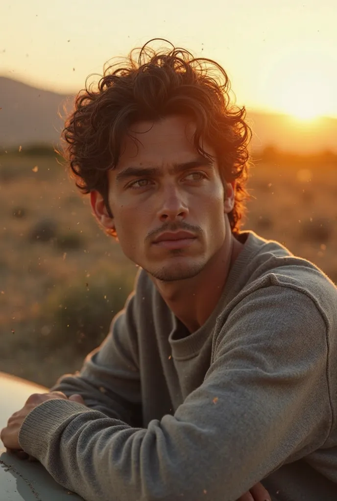 A mixture of Chris Cornell and Paul Walker, young man with curly brown hair, honey-colored eyes, and light stubble leans on an old car during sunset. He wears a casual, slightly worn gray sweater. His expression is contemplative, gazing into the distance. ...