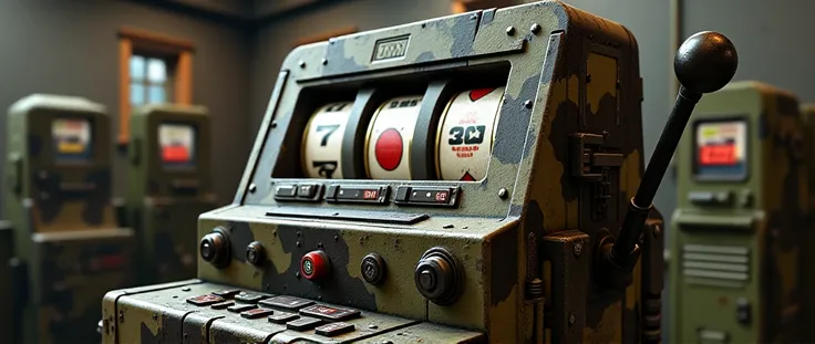 an army-style slot machine. , the slot machine is in the room. inside the toy