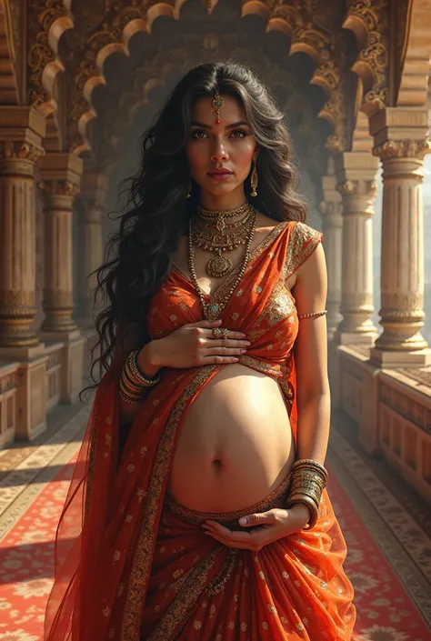 ancient hindu queen wearing saree, pregnant, very beautiful, thick ultra high quality, sexy, hot, thick, gorgeous royal palace interior, ornate architecture, lavish decor, dramatic lighting, fantasy art style, digital painting, 8k, photorealistic, physical...