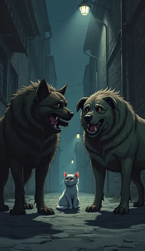 Anime-Style, A dark, gritty alleyway lit only by a flickering streetlamp. A small white cat with wide, scared eyes is backed up against a brick wall. Two large, intimidating dogs stand in front of her, growling and snarling. One dog is muscular with a dark...