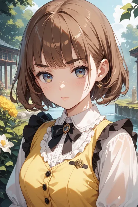  Simple Blouses 、Frilled tie、 yellow vest、brown hair、black mesh、 bangs down bob、 zitoida、 troubled eyebrows、Beautiful Girl、masterpiece、Highest quality、 uncensored