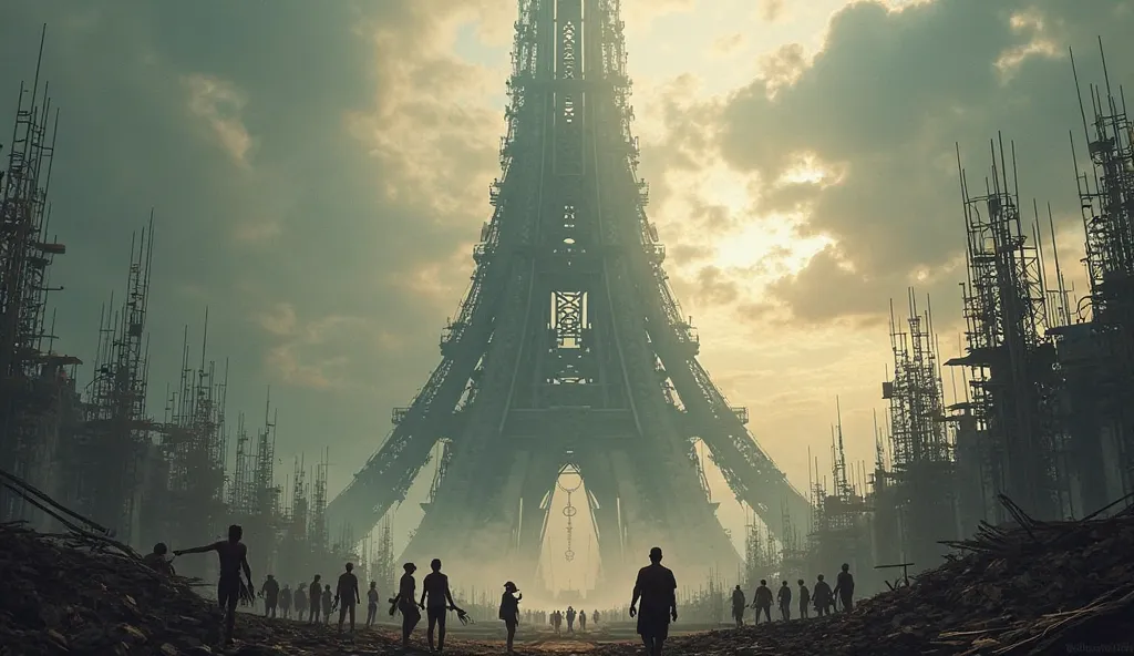 An imposing tower under construction,  with confused workers , trying to communicate in different languages.  The sky is cloudy,  with rays of divine light descending . epic style,  dramatic colors.