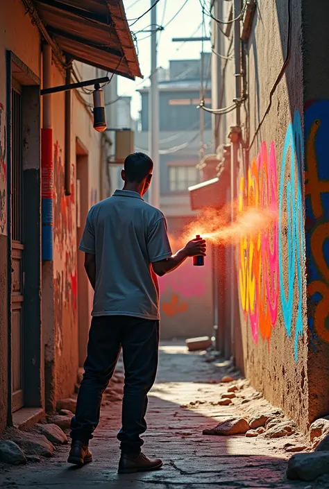 Urban painter With aerosol can wrighting on a Wall, outdoors, late afternoon,alley ,back to the viewer, reads:"can U control the can?", wrighting visible, painter looking at the viewer 