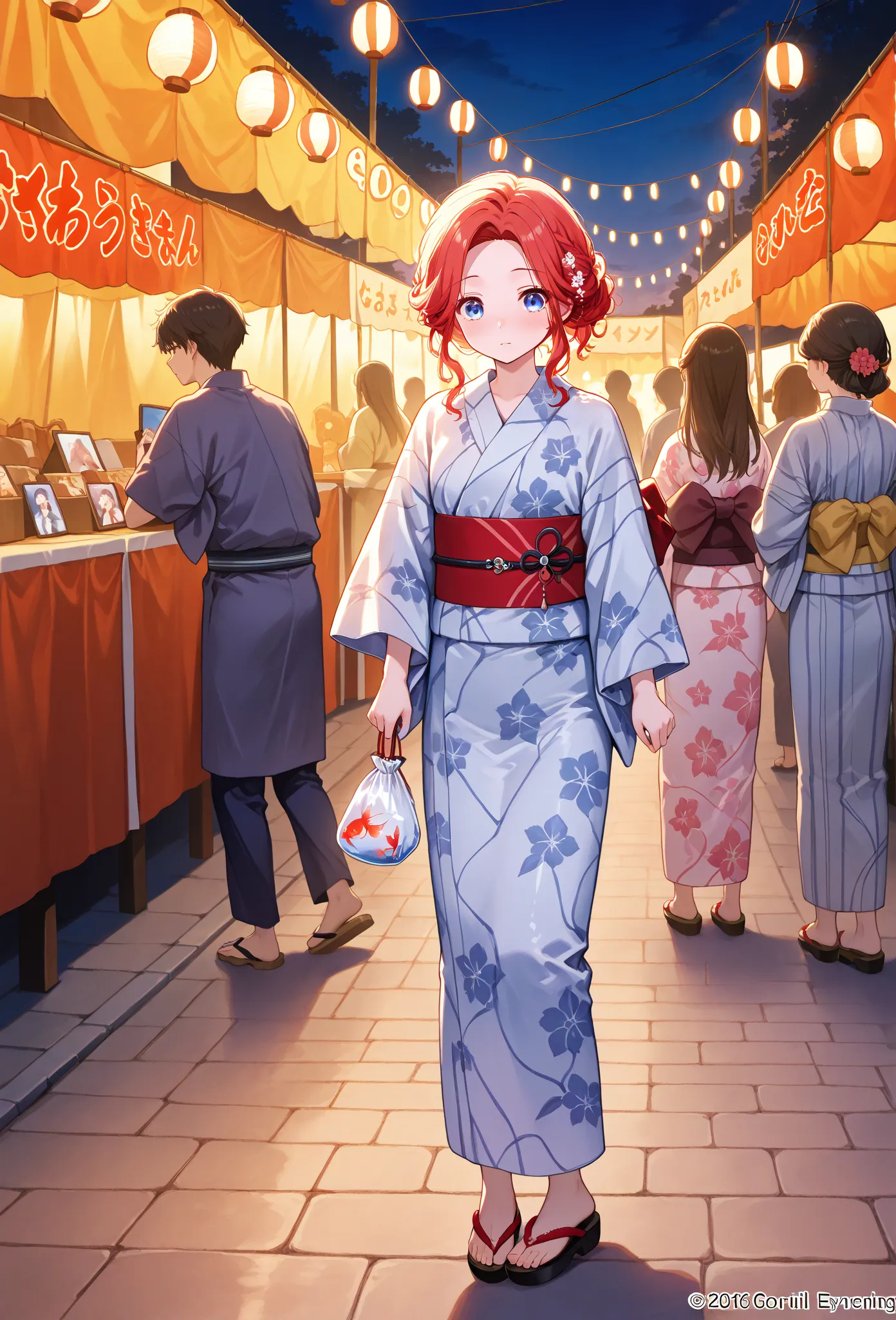    young  , color々 hairstyle,yukata,stall,Sandals,fair,holding food,Save the goldfish