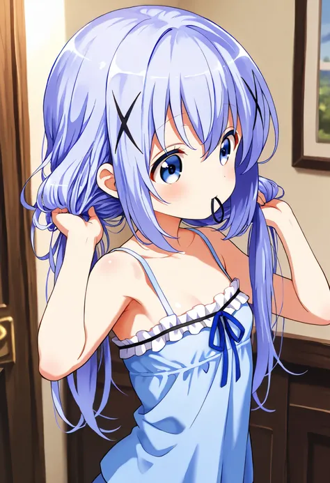 Raise hair with hands, nape of neck, hold hair clip in mouth ,1girl,(loli), camisole,kafuu chino, (petite),very cute ,small breasts,Original style, Very high quality, soft to the touch, beautiful,super detailed skin, high resolution, novel illustration, sh...