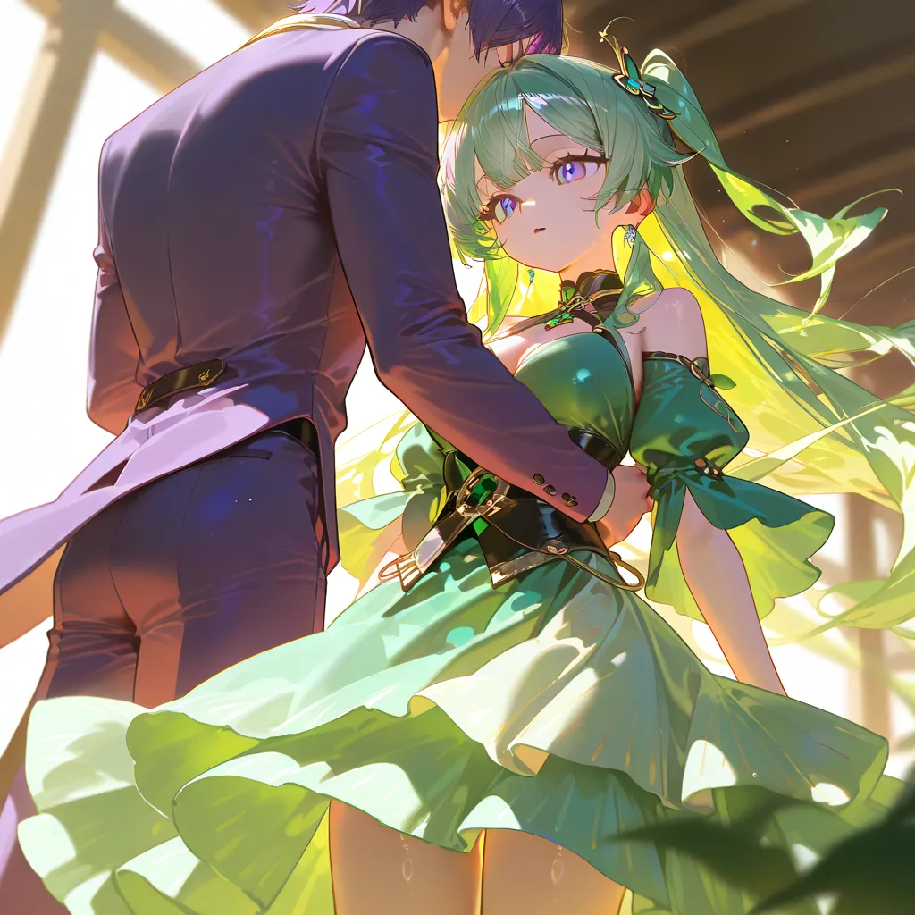 masterpiece、最 high quality、 high quality、 is very aesthetic、1 girl with long green hair (green dress), 1 boy with purple hair (purple suit), in the field settings 