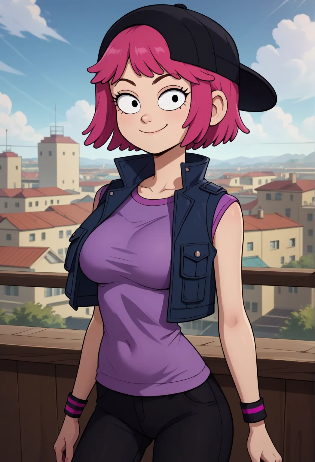 ((bedroom background)),score_9, score_8_arriba, score_7_arriba,score_6_arriba, 
1 girl, Alone , paulina_AP,  light leather balcony,  black eyes, bright pink hair, Short Hair, black cap, purple t-shirt, pink-black bracelets, dark blue sleeveless vest, tight...