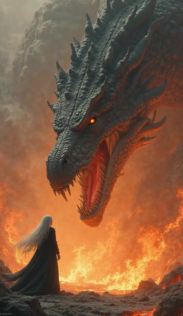 A white-haired woman stands in front of a giant dragon's face、the ground looks like lava、The area is engulfed in flames