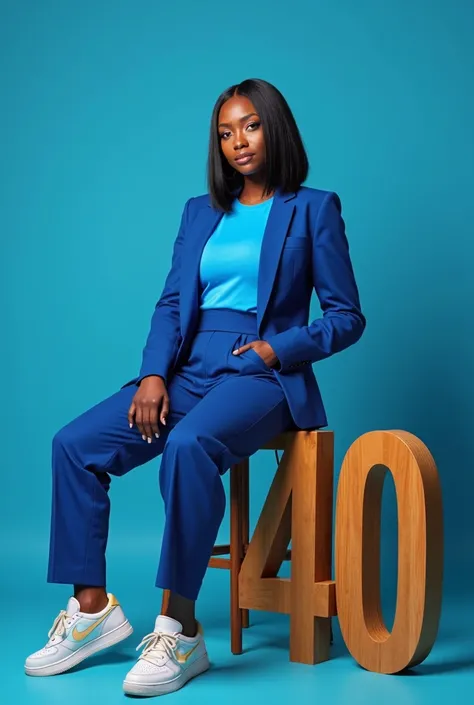 beautiful Nigerian size 14 woman Melanin skin,wearing a blue designer suit with blue tee shirt ,with a bone straight bob human hair,wearing a sneaker shoes,, with a big wooden number 40 props, in a blue background, sitting on a studio high chair 