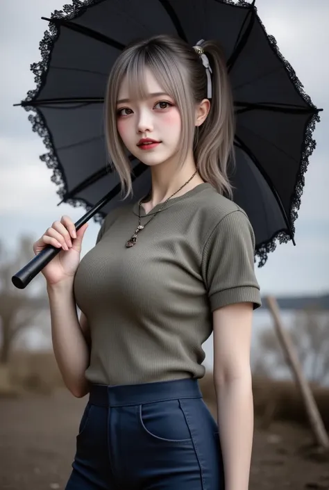  super realistic, Realistic,  Dramatic Scene ,  Shadow , Full-area lighting, alone,  1 woman with an umbrella\( age japanese gothic girl , Japanese Girls ,   is very beautiful， Very Cute Face  , Big Breasts, Slim Waist,  Blonde Ponytail , Wear a fitted sho...