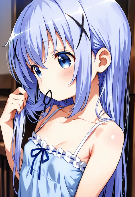 push one’s hair back, nape of neck, hold hair clip in mouth ,1girl,(loli), camisole,kafuu chino, (petite),very cute ,small breasts,Original style, Very high quality, soft to the touch, beautiful,super detailed skin, high resolution, novel illustration, shi...