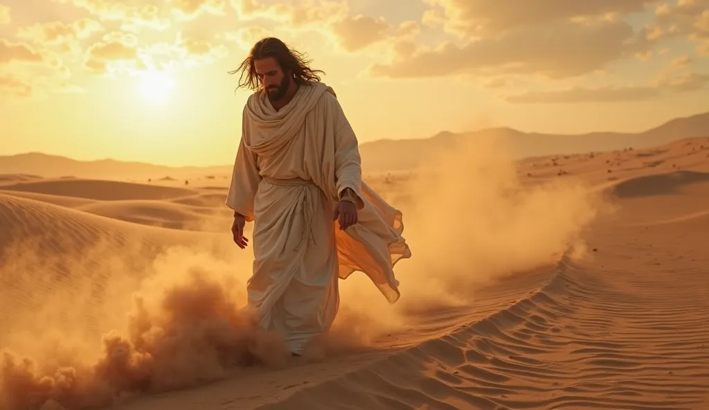 Jesus Christ walking through the desert with his head down. A windstorm in a late afternoon setting. The wind blows through his hair and clothes - panoramic camera - ultra realistic - 8k