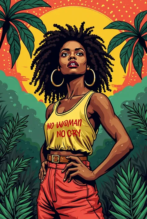 A reggae svg image representing a woman, with a caption of 'no woman no cry'. The image should be vibrant, with the 3 colours of reggae, and must be very creative