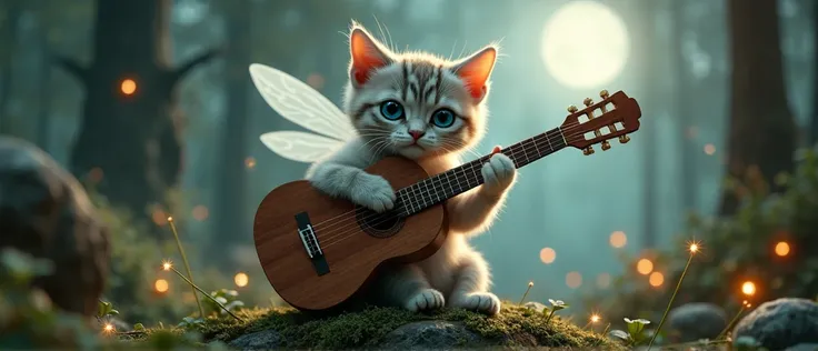 Create a hyper-realistic, cinematic image of a beautiful, cuddly fairy with glowing, ethereal eyes, perched gracefully on a moss-covered rock in an enchanted forest. The cat is strumming an intricately crafted acoustic guitar made of weathered, ancient woo...