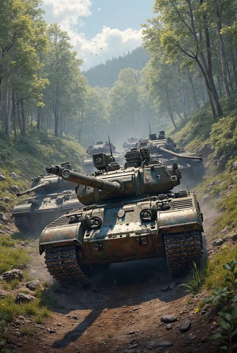 vehicles from the World of Tanks game without soldiers of Italian, Russian, Czech, Chinese, Polish, Japanese, German and American nations on a hill leaving the forest for the battlefield