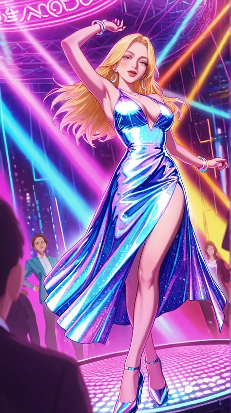 "High resolution, realistic image, {{Japanese anime style (1.9)}}, very beautiful and well-featured, blonde woman dancing at a disco (1.7), {{raising her arms high and shaking her hips (1.5)}}, woman is wearing a neon sign-like glitter dress, wine red high...