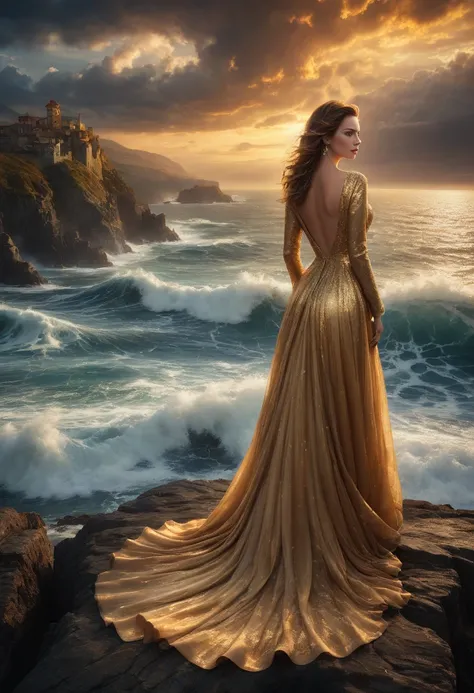 Create a high-resolution digital artwork that combines romanticism with artistic photography and illustrative elements, featuring a woman in a dramatic, flowing gown, standing on a 
cliff overlooking the ocean at sunset. The background is an illustrated, d...