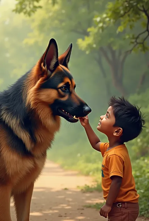 black and tan colour german shepherd dog eating food and sri lankan boy feed it