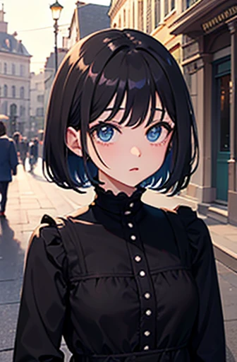 1 girl、cute、 blue eyes、 black hair、(short hair)、black dress、(disgust:1.4)、watching viewers、Town Square、( full shot without being short)、Painting、