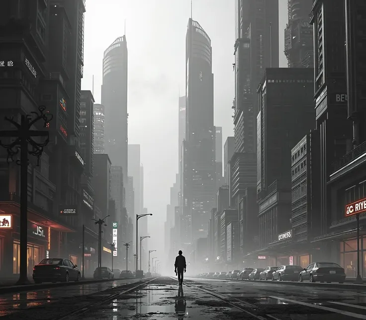  black white , Concept art, cyberpunk, large corporation buildings, exciting perspective 