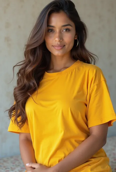 Cute fair skinned Sri lankan newsreader girl with a yellow color tshirt, XXXL big boobs, portrait style picture, long brown hair, brown eyes, full body shot, vibrant