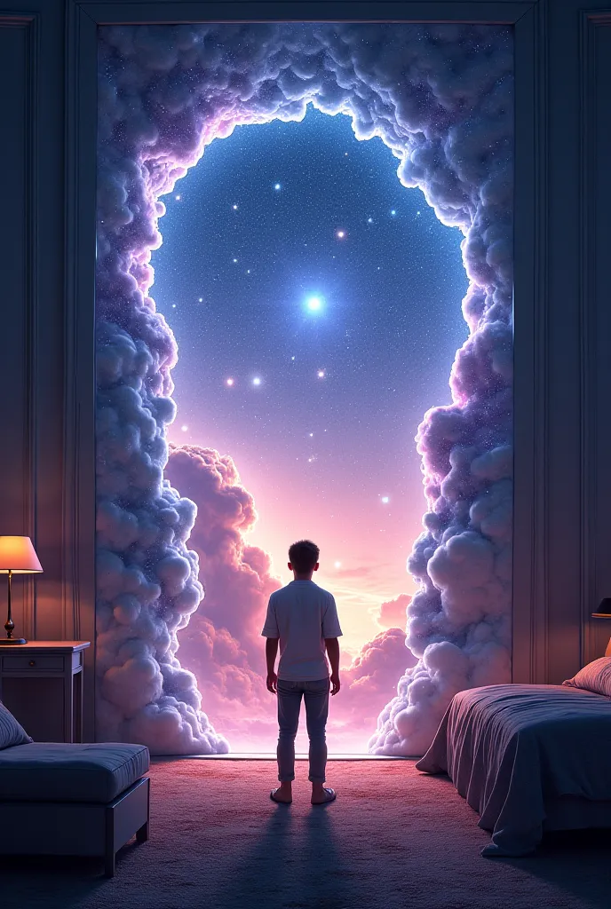 A cosmic portal opening in someone's bedroom, with stars and galaxies visible on the other side.