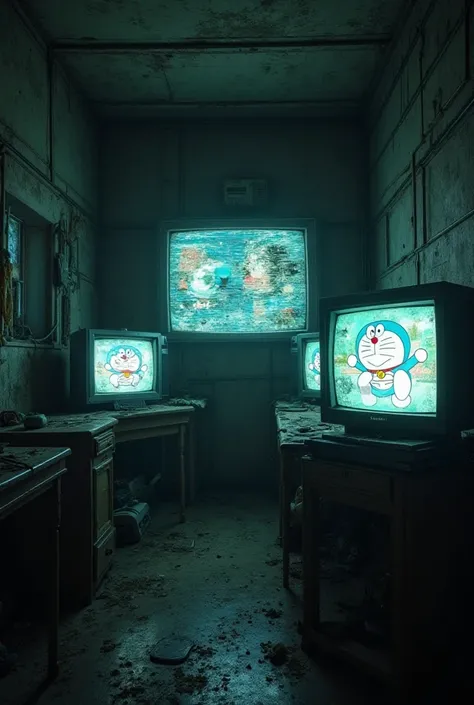 "A dark, eerie depiction of an abandoned Doraemon animation studio with old TV screens showing distorted, glitched-out scenes from Doraemon episodes. One screen shows Nobita looking scared, another shows a time-travel paradox, and another has a strange, hi...