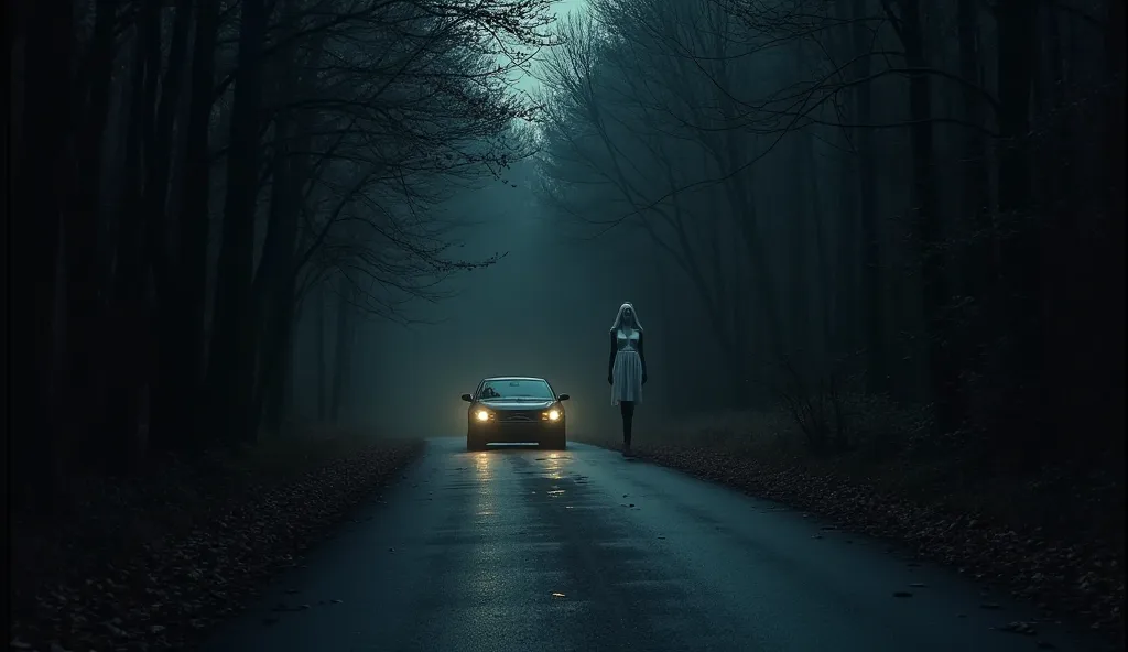 "A dark, eerie forest road at night, illuminated only by the headlights of a black car. The surrounding trees are dense and foreboding, casting long shadows. In the distance, a ghostly figure in a torn white dress stands still, her glowing eyes visible thr...