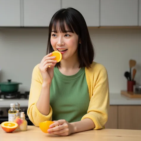 A Japanese woman eating an orange in the kitchen. She is wearing a green top and a yellow striped cardigan. In the background, there is a kitchen counter with cooking utensils and seasonings. On the counter, there are a half-cut peach and an orange.