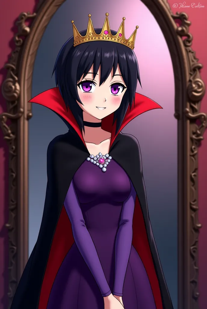 Beautiful Anime Girl with black hair and purple eyes. Dressed as an evil queen in Snow White. She is wearing a purple dress and a black and red vampire cape with a high collar and a crown. She looks in the mirror with an evil smile, knowing that she is bea...