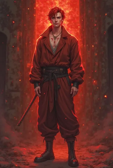 Characteristics of the character:

The man with a banal smile on his face

With a red aura but not very obvious

Red-eyed and red-haired

a sleazy jumpsuit of the kind worn by young men in ancient times 

Tall and handsome

With a red fire icon on the fore...