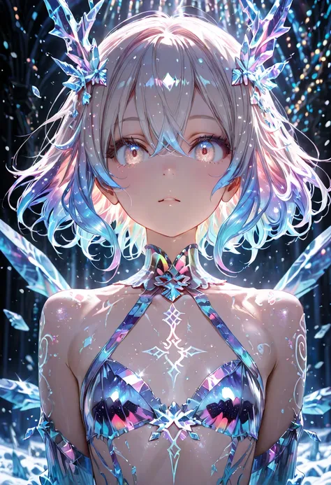 ultra detailed, absolutely resolution, masterpiece, highly detailed, sharp focus, vivid colors, soft lighting, cinematic composition, close-up of a beautiful goddess trapped in ice, emitting many beautiful colorful lights, thin flat slender body line, fant...