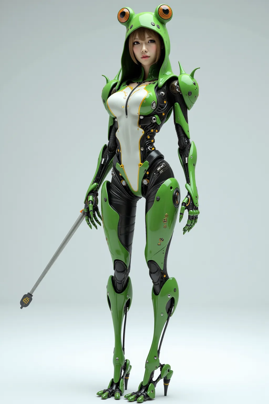 Masterpiece, top quality, 8k, Japanese woman in frog-like bio suit, A machine is implanted in the living body, inverted jointed leg, clear color and vivid textures, ultimate realistic beautiful female face, bio-mechanical, ultimate intricate detail, action...