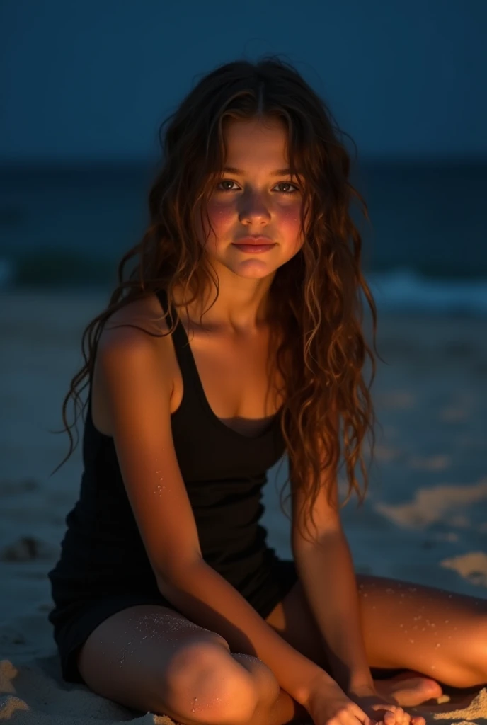 Une jeune fille avec de longs cheveux ondulés et humides, assise sur une plage de sable fin la nuit. Elle porte un maillot une pièce noir et un short noir, avec des grains de sable collés sur sa peau. Son regard est doux et naturel, éclairé par une lumière...