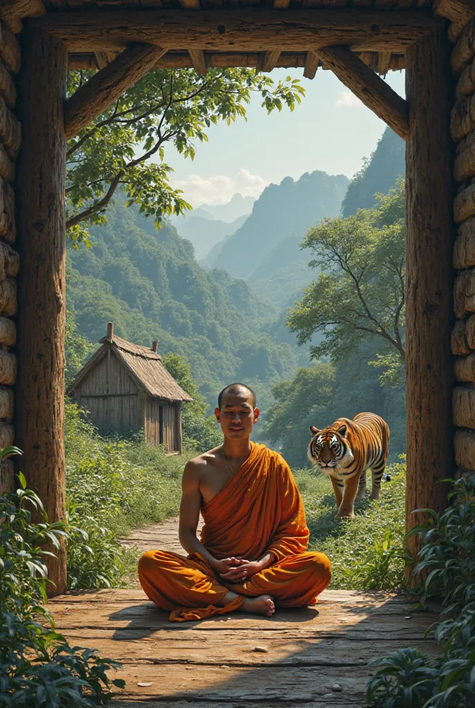 A Thai monk sits in a hut, eyes closed, meditating on a mountain. There is a small hut behind him. There is a tiger lying down in the middle of nature.