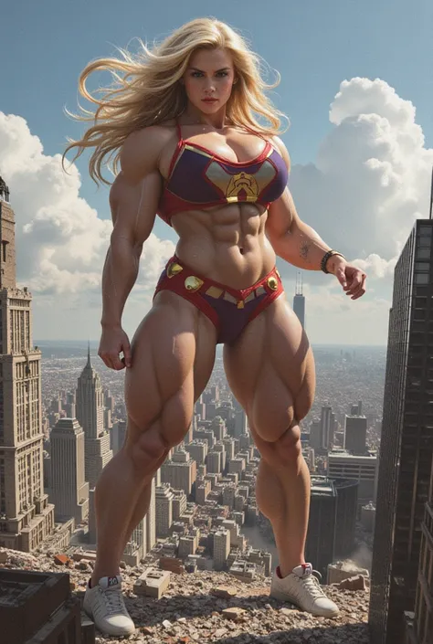 Comics superheroine, 19 years old girl, posing over a NYC city, she crushing and demolition the trump tower, she is blond and muscular, comics style, masterpiece, she is giantess, From Above, 