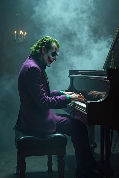 The Joker playing the piano with smoke around him 