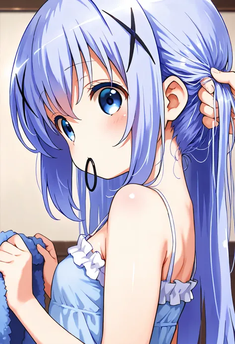 With your own two hands,push one’s hair back, nape of neck, hold hair clip in mouth ,1girl,(loli), camisole,kafuu chino, (petite),very cute ,small breasts,Original style, Very high quality, soft to the touch, beautiful,super detailed skin, high resolution,...